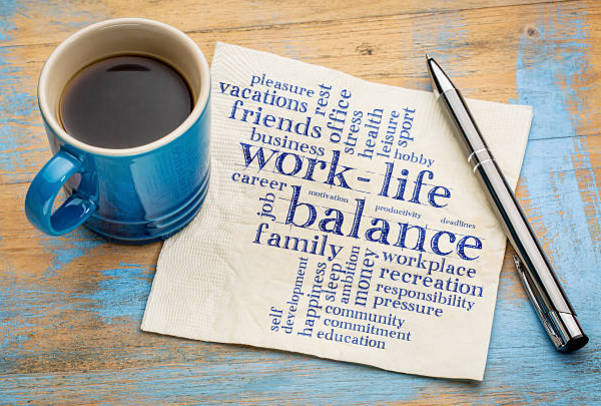 Coffee mug with a paper under it, written Work-life balance